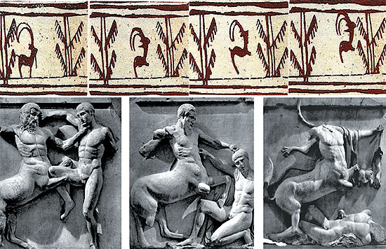 (Arriba) Decoración de una vasija de cerámica encontrada en Schahr-e Sochte, Irán, c. 3000 a. C. (Abajo) Fidias y su taller: "Centauromaquia", metopas del lado sur del Partenón. British Museum, Londres, c. 440 a. C.