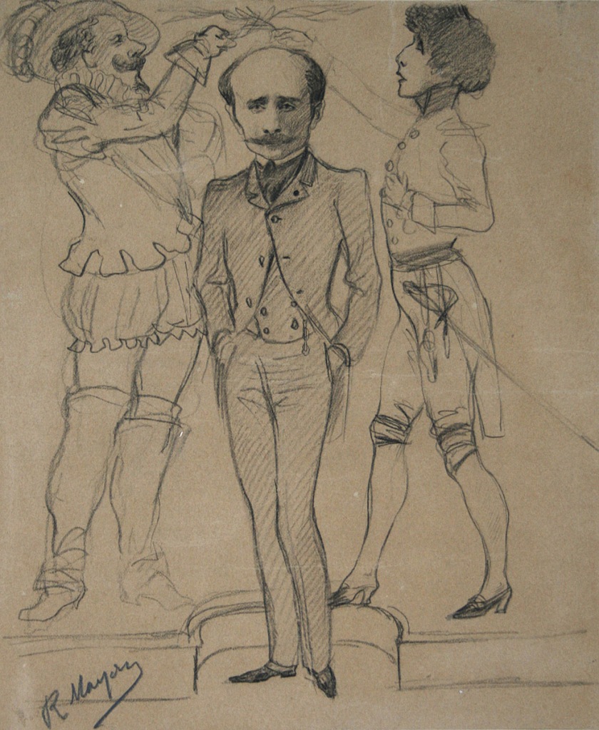 Fig. 9. R. Mayor (?). Edmond de Rostand acompañado de Bernhardt y Coquelin. Hacia 1900. Lápiz negro sobre papel, 210 x 175 mm. Inv. 10245
