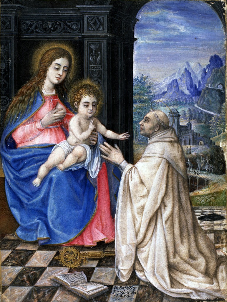 JUAN DE SALAZAR: Virgen con el Niño adorados por San Bernardo (1604). Temple y oro sobre pergamino. Inv. 2775